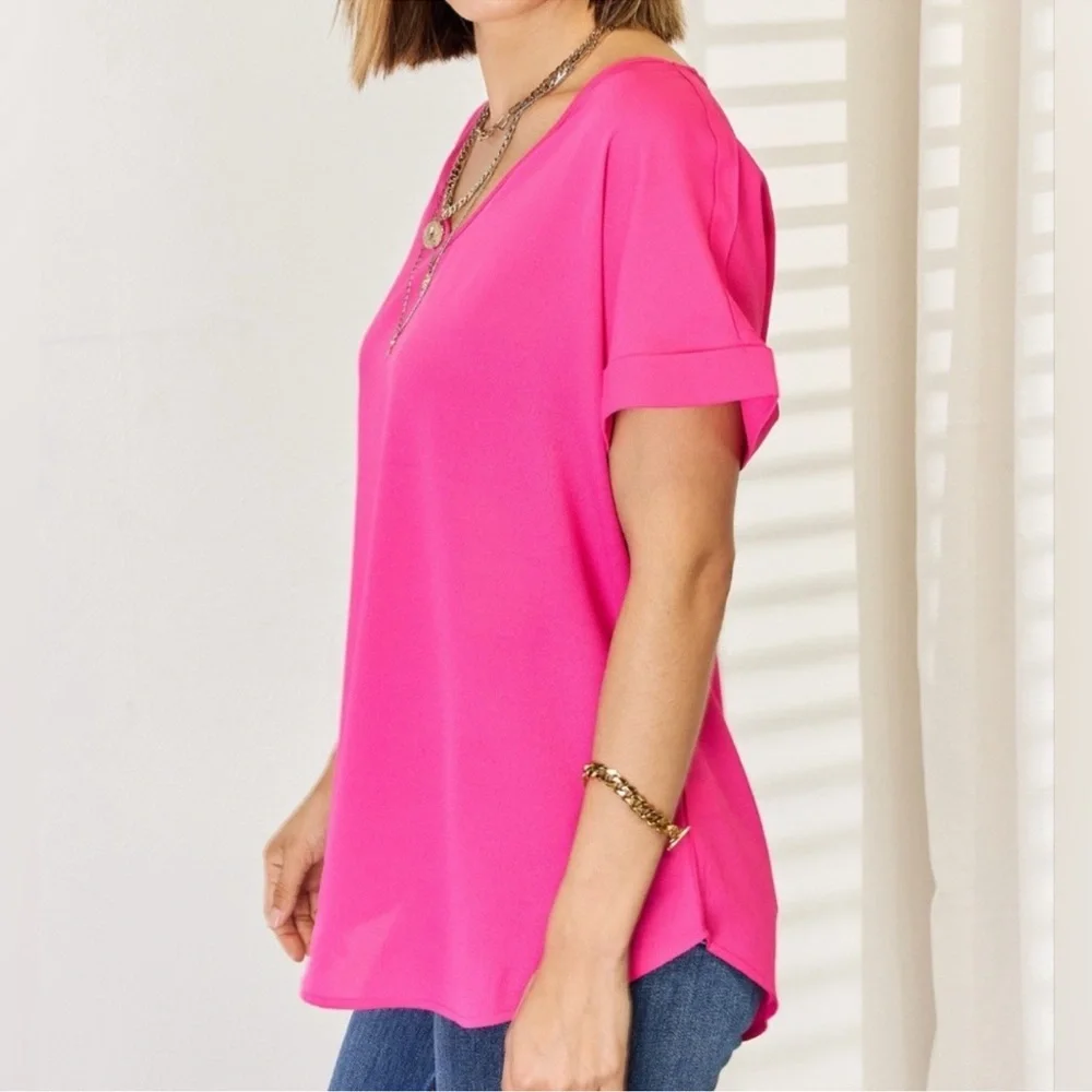 Zenana NWOT Pink Rolled Cuff V Neck Tee Shirt size 2X - Picture 4 of 10